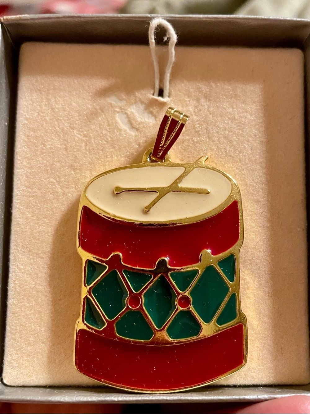 Vintage Wallace Silversmiths Gold-Tone Enamel Drum Pendant in Red, Green, Cream